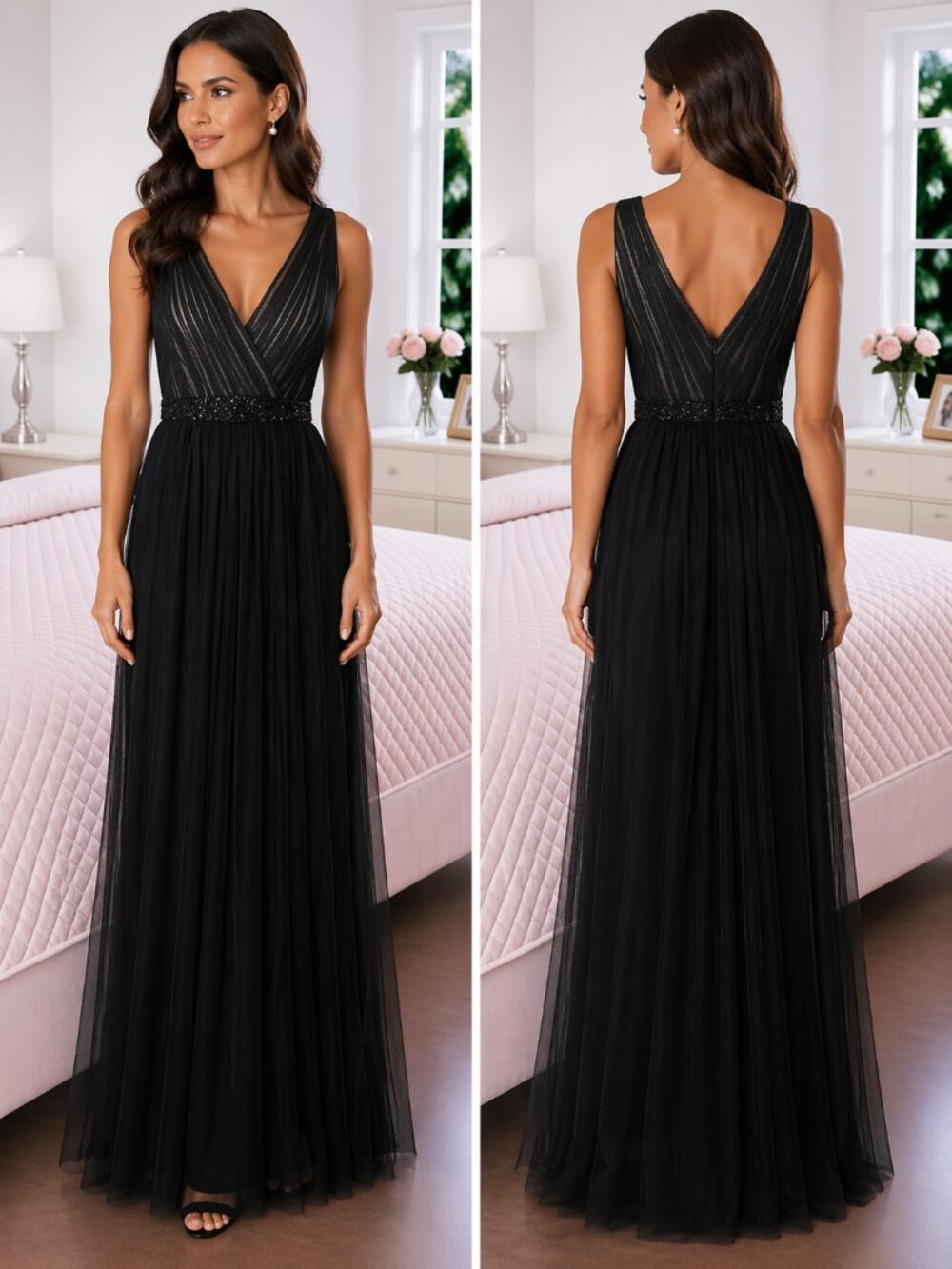 Badgley Mischka Black Pleated Mesh Formal Gown $795